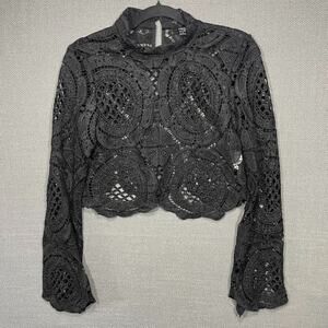 Cropped Lace Overlay M Top Black Sheer Long Sleeve Mock Neck L Fairy Whimsygoth